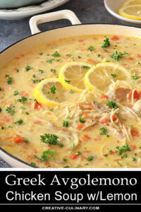 Greek Avgolemono Soup with Chicken and Lemon in a White Pot