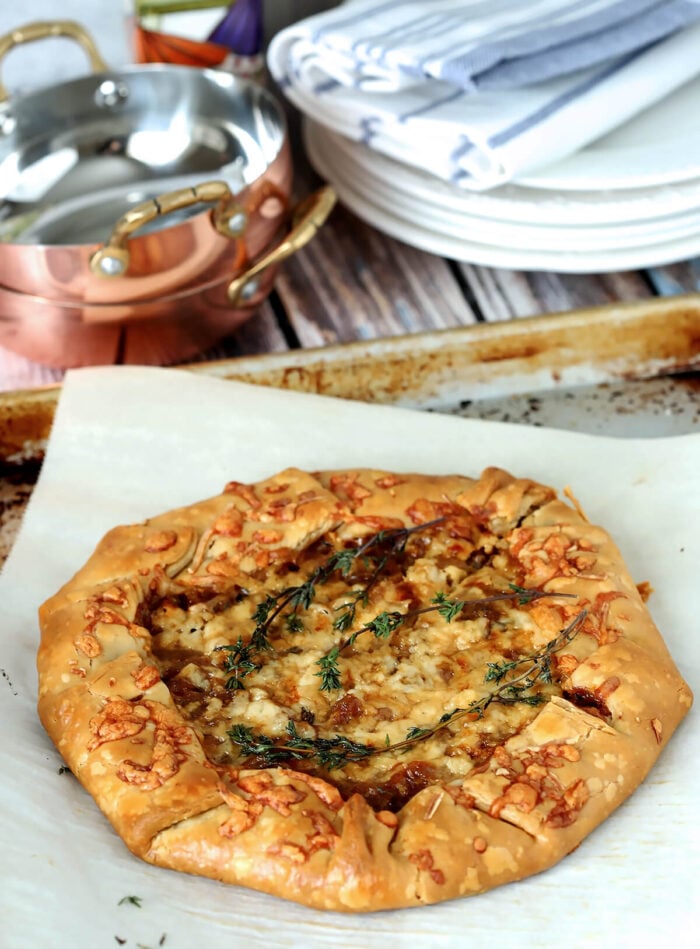 Whole French Onion Galette on a Baking Sheet