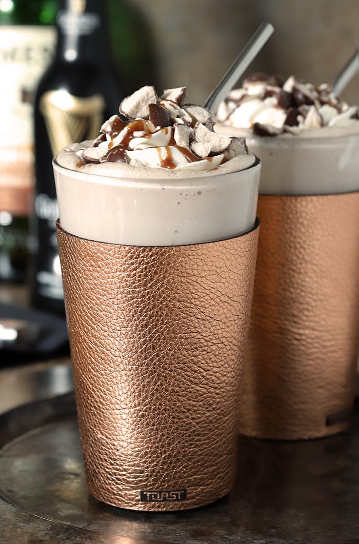 Guinness Vanilla Malted Milkshake with Irish Whiskey Whipped Cream in a Copper Glass