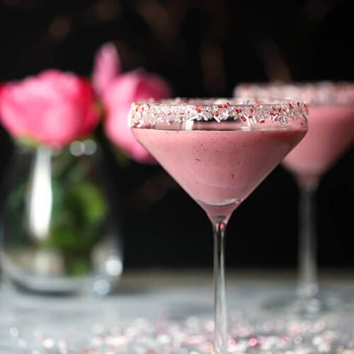 Raspberry and Chocolate Valentine Cocktail in a Set of Martini Glasses