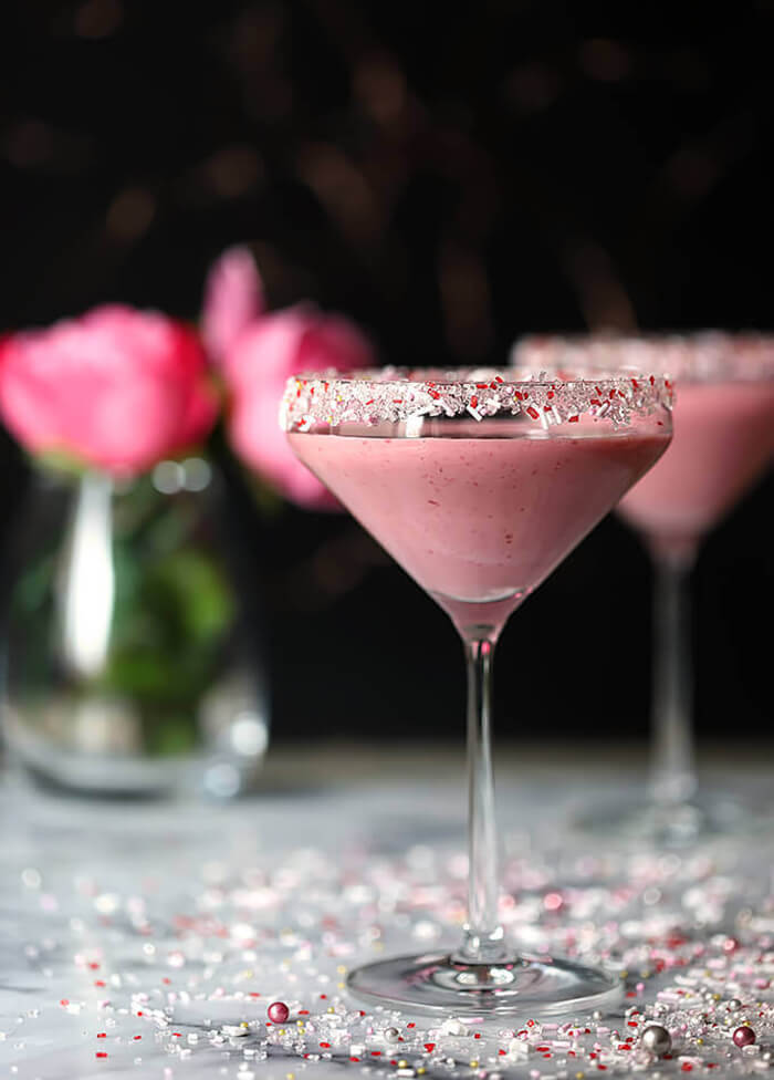 Raspberry and Chocolate Valentine Cocktail in a Set of Martini Glasses