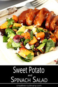 Smoked Chicken Served with Sweet Potato and Spinach Salad with Pecans, Cherries and Goat Cheese