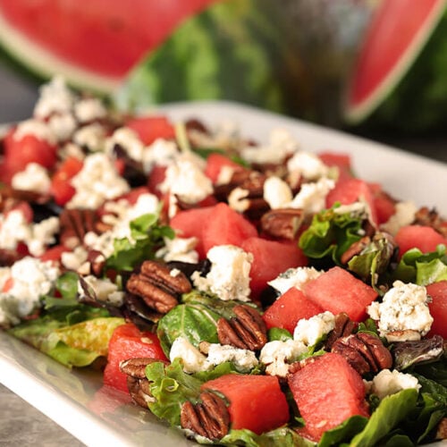 Watermelon Pecan Salad with Gorgonzola Cheese on a Platter