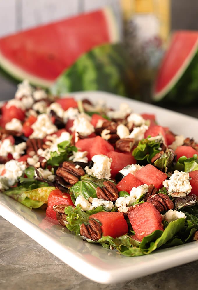 Watermelon Pecan Salad with Gorgonzola Cheese on a Platter