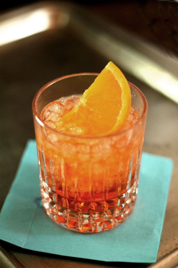 Closeup of Aperol Spritz with Orange Slice Garnish