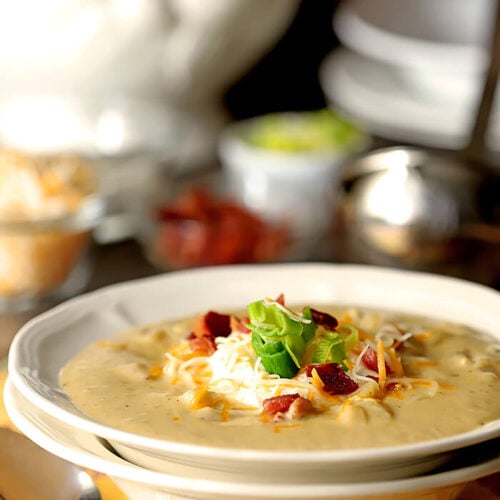 Baked Potato Soup with Leeks and Cheddar Cheese