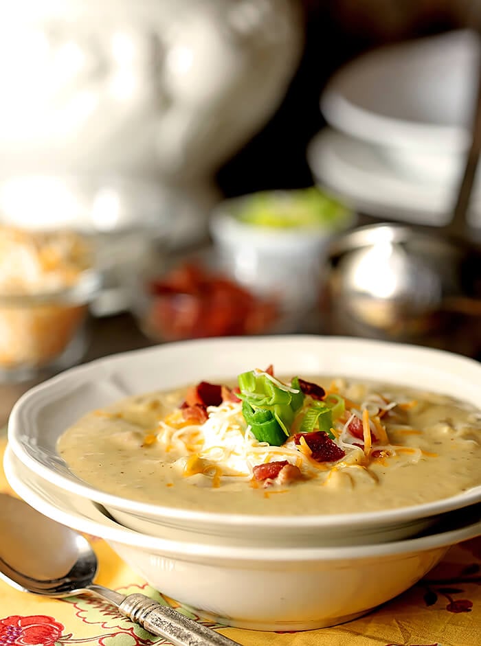 Baked Potato Soup with Leeks and Cheddar Cheese