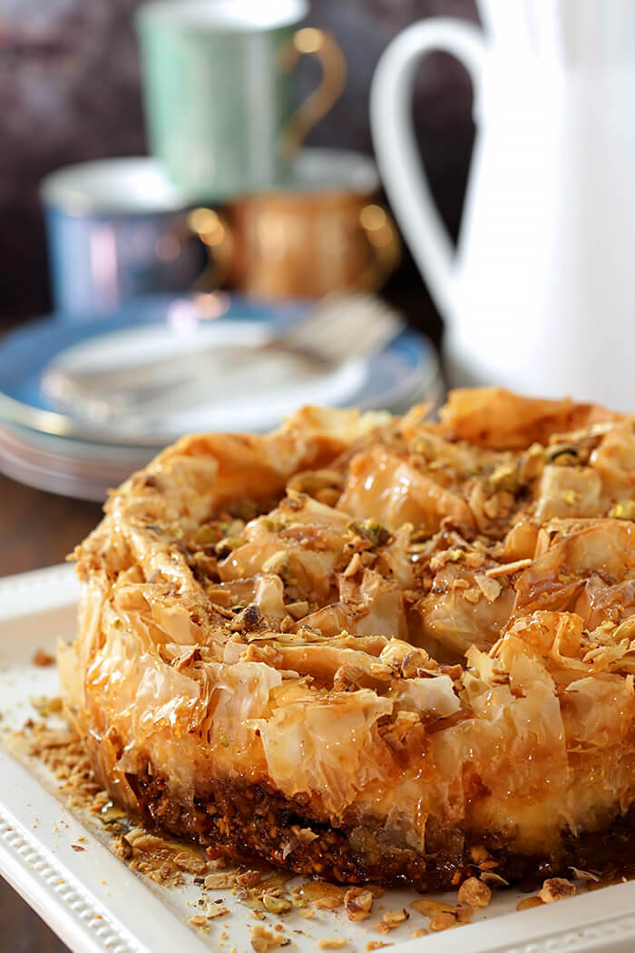 Baklava Cheesecake with Pistachios and Honey Syrup