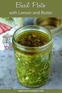 Basil Pesto In Mason Jar with Covering of Olive Oil