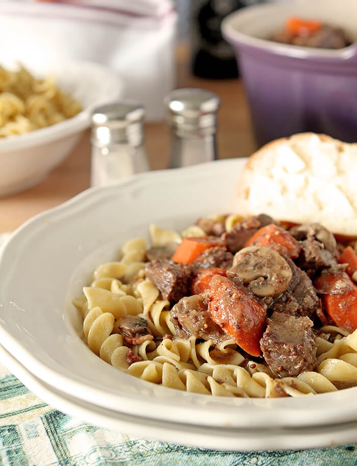 Beef Stew with Cognac and Mustard Served in a White Bowl