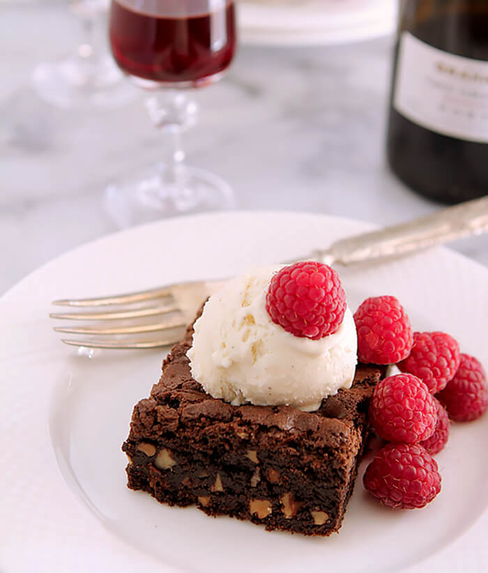 Valhrona Chocolate Brownies with Vanilla Ice Cream and Fresh Raspberries