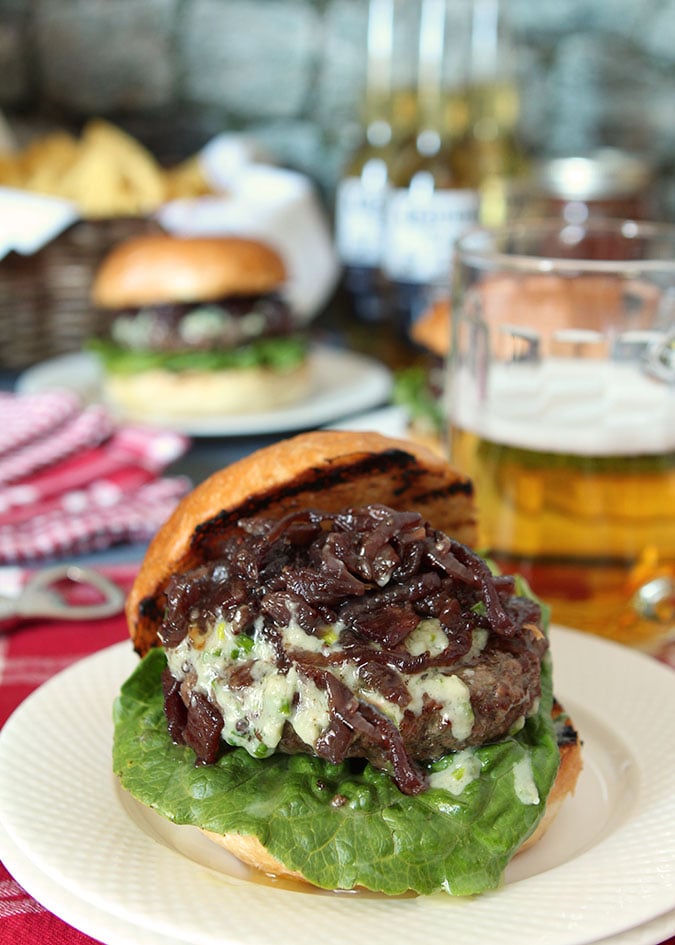 Bison Burger with Blue Cheese and Bacon Caramelized Onions