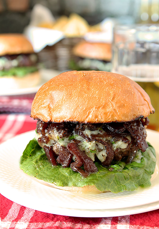 Blue Cheese Bison Burger with Bacon Caramelized Onions