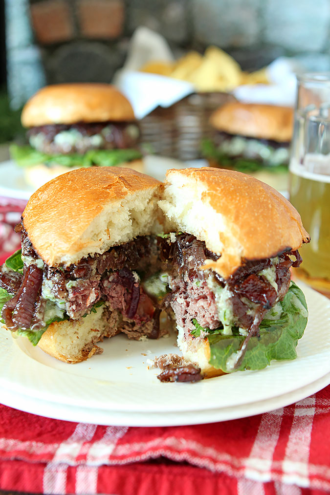 Blue Cheese Bison Burger with Bacon Caramelized Onions