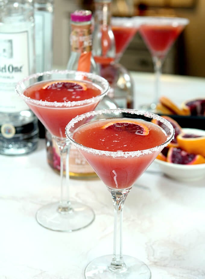 Blood Orange Cosmopolitan Cocktails on a Marble Table