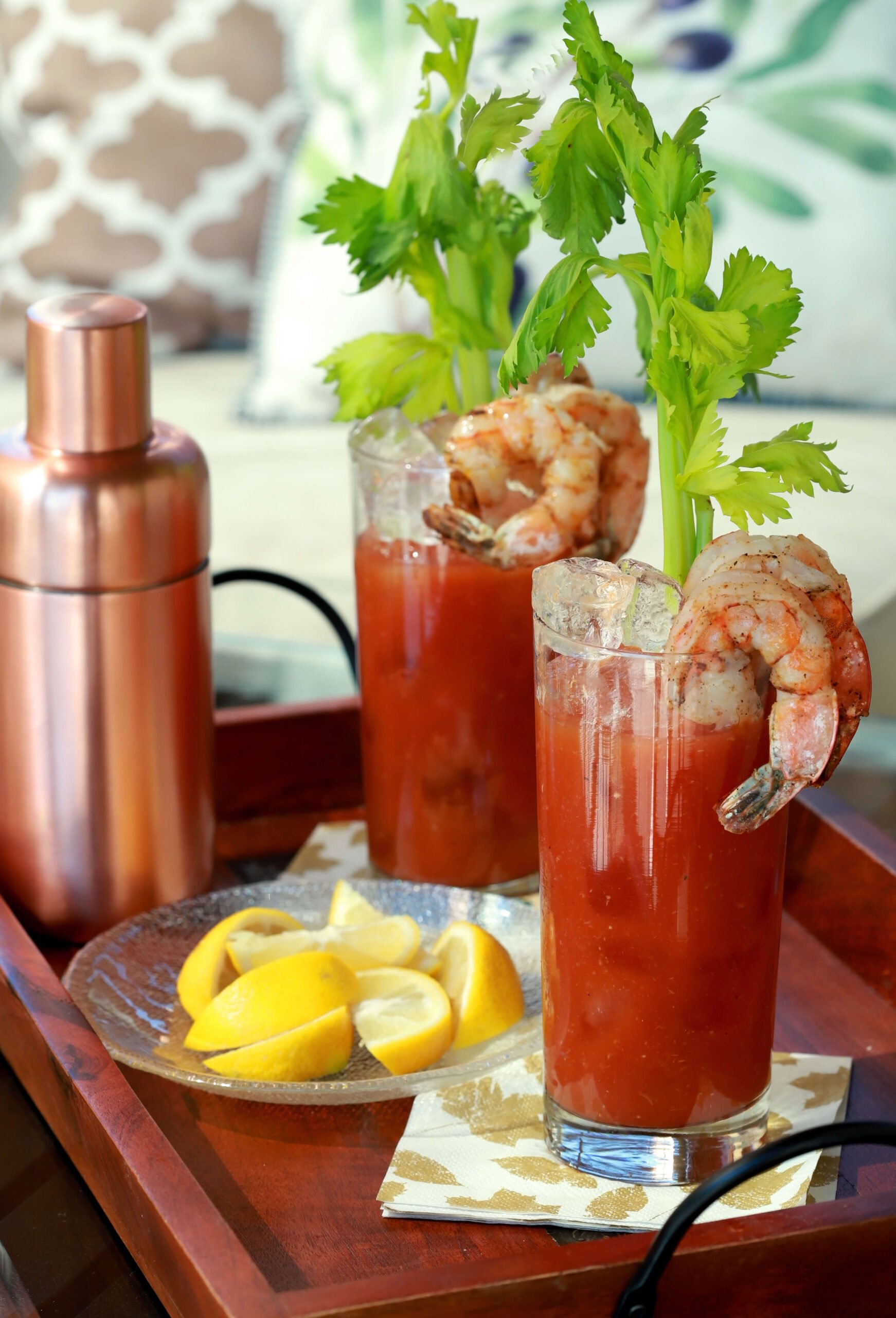 New England Bloody Mary Served on a Tray with Lemon