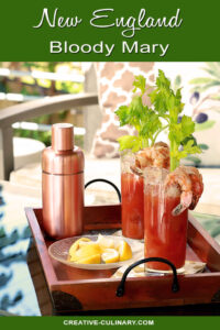 Tray of New England Bloody Marys Garnished with Shrimp, Lemon, and Celery