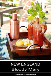 Tray of New England Bloody Marys Garnished with Shrimp, Lemon, and Celery