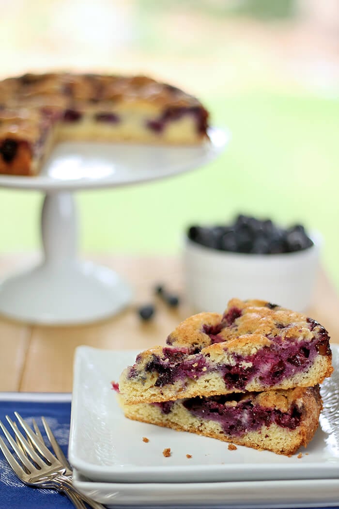 Blueberry Nutmeg Coffee Cake Served Outdoors on a Square Plate with Cake and Blueberries in Background