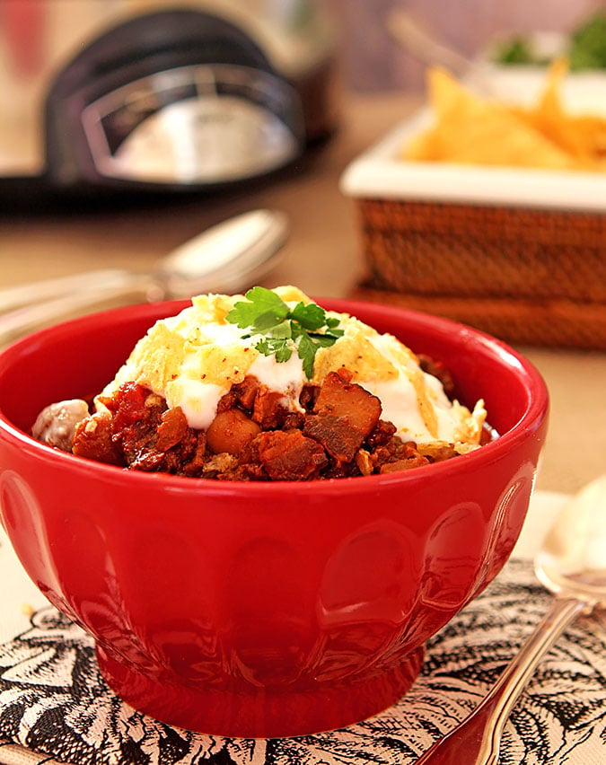 Smoky Beef, Bacon, and Bourbon Chili