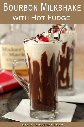 Hot Fudge and Bourbon Milkshake Served in a Ice Cream Soda Glass with a Stainless Steel Straw.