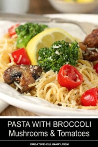 Closeup of Pasta with Broccoli, Tomato, Mushrooms, and Parmesan Cheese