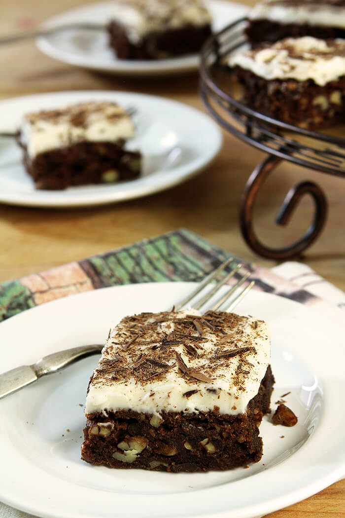 Slice of Chocolate Chip Brownies with Cream Cheese Frosting on a Round Plate