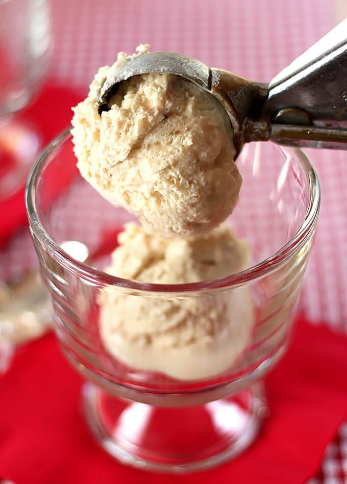 Old Fashioned Butter Brickle Ice Cream Scooped into a Bowl