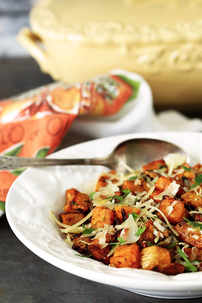 Pecan and Parmesan Roasted Butternut Squash Served in a White Bowl