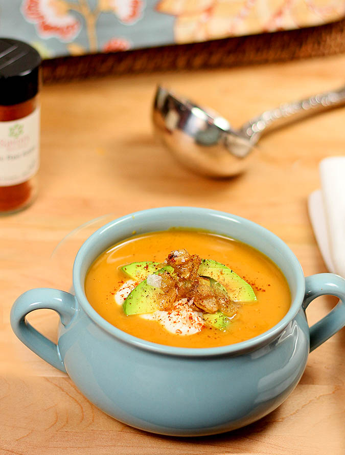 Butternut Squash, Potato and Roasted Pepper Soup in Blue Bowl with Handles