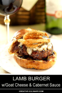 Lamb Burger with Goat Cheese and Cabernet Wine Sauce Topped with Fried Onion Rings