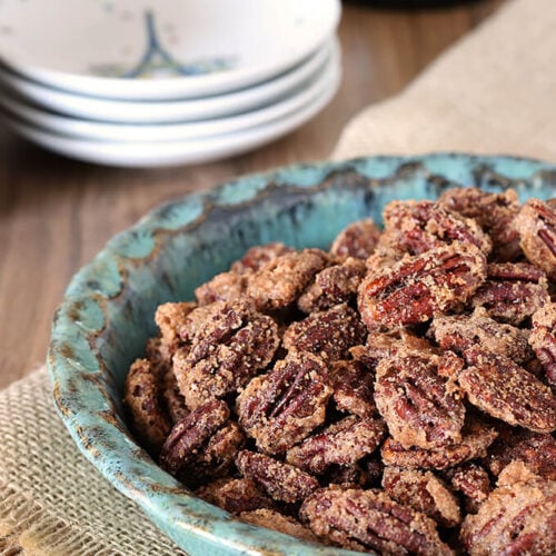 Candied Cinnamon Sugar Pecans in a Turquoise Pottery Bowl