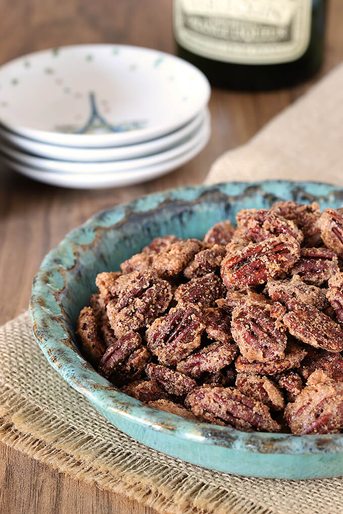 Candied Cinnamon Sugar Pecans in a Turquoise Pottery Bowl