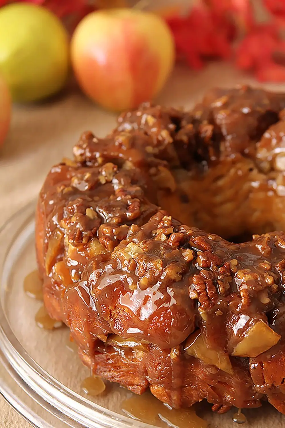 Caramel Apple Monkey Bread on a White Serving Plate