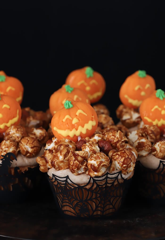 Caramel Corn Cupcakes Decorated with Halloween Pumpkin