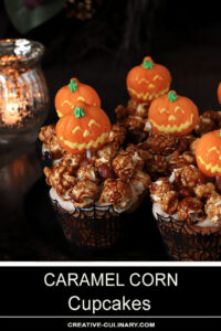 Caramel Corn Cupcakes Decorated with Halloween Pumpkin Suckers