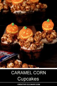 Caramel Corn Cupcakes Decorated with Halloween Pumpkin Suckers and Halloween Cupcake Wrappers