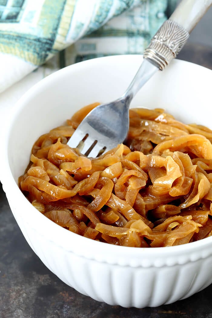 Caramelized Onions in a White Serving Bowl