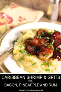 Caribbean Shrimp and Grits Served in a White Bowl with Rum Barbecue Sauce