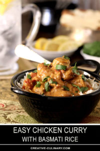 This Easy Chicken Curry is Served in a Black Bowl and Garnished with Parsley