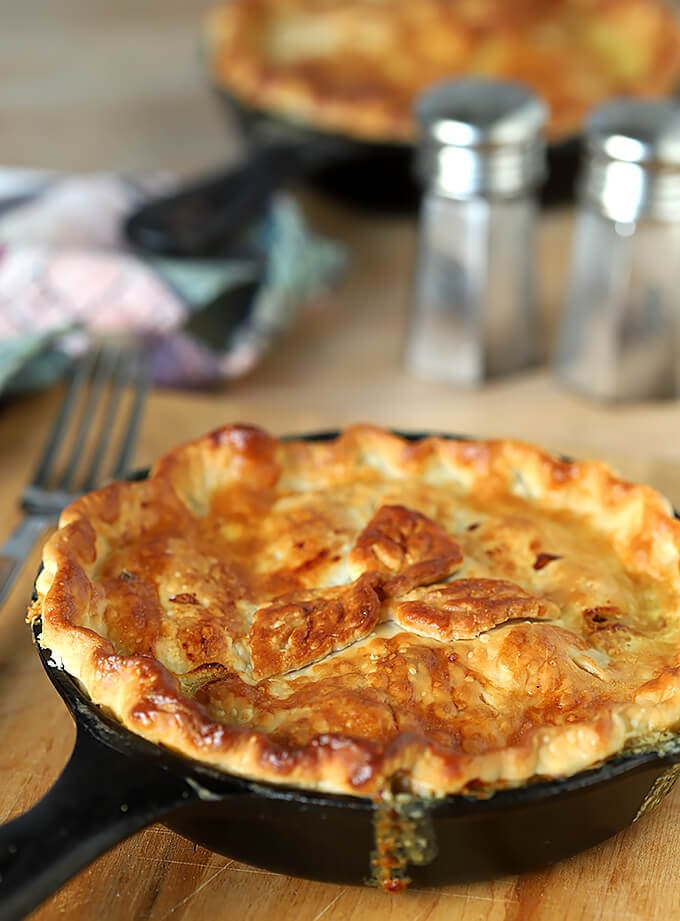 Chicken Pesto Pot Pie Served in Individual Cast Iron Skillets