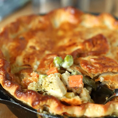 Chicken Pesto Pot Pie with Carrots, Peas, and Pesto