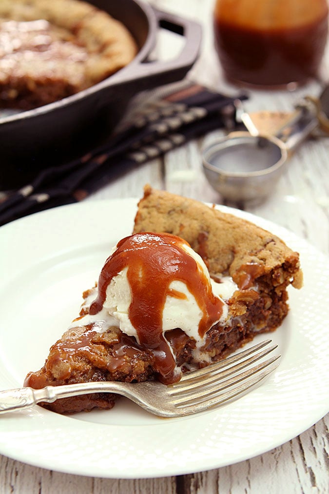 Chocolate Chip Skillet Cookie with Bourbon Caramel Sauce