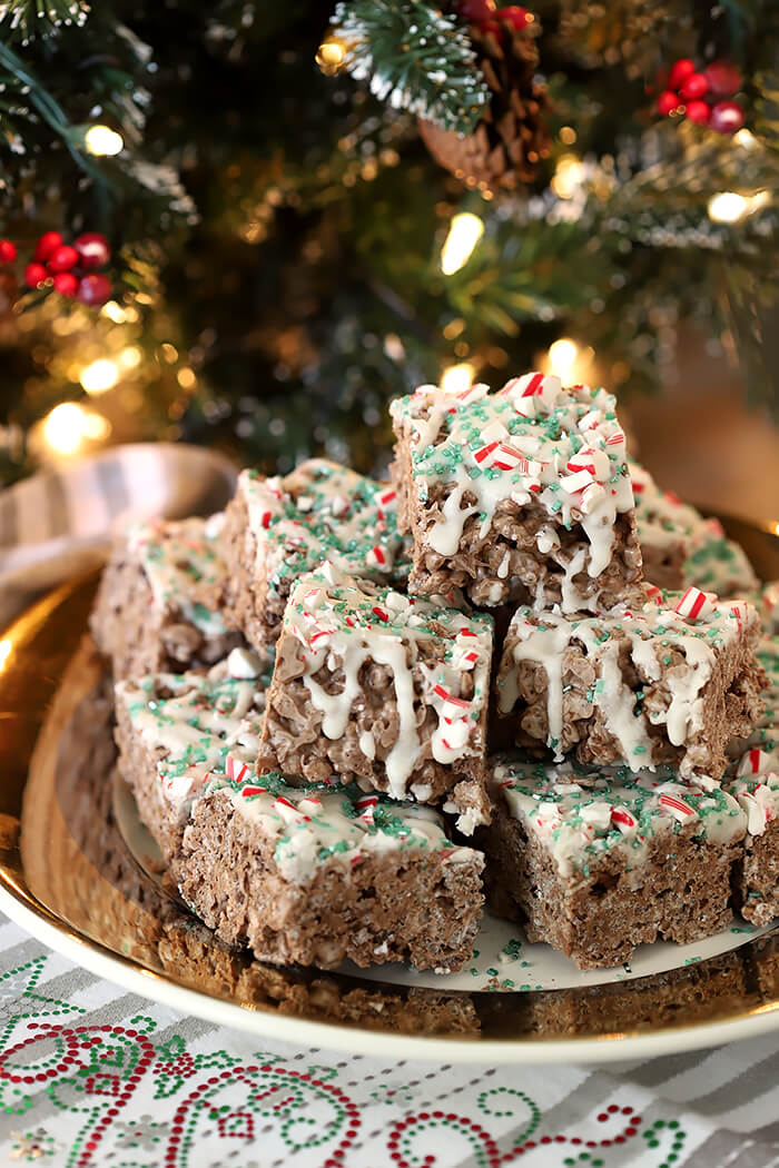 Chocolate Mint Rice Krispie Treats Stacked on a Plate