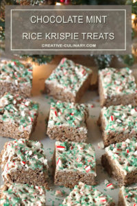 Two Chocolate Mint Rice Krispie Treats Drizzled with White Chocolate Frosting