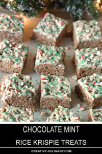 Two Chocolate Mint Rice Krispie Treats Drizzled with White Chocolate Frosting