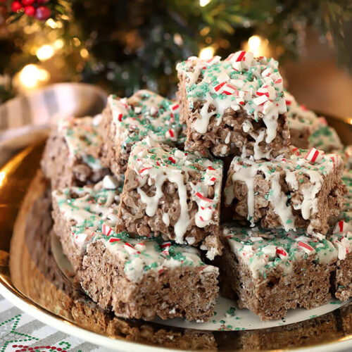 Chocolate Mint Rice Krispie Treats Stacked on a Plate