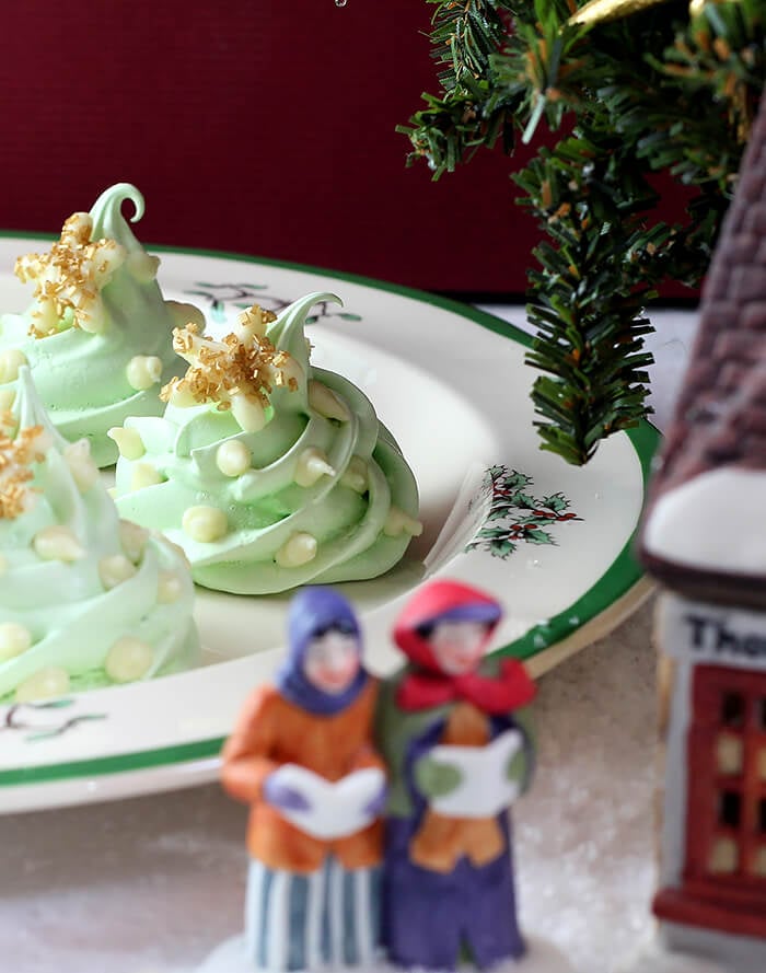 Christmas Tree Meringue Cookies on Holiday Plate in Dickens Scene