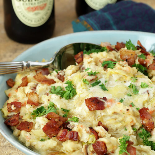 Irish Colcannon with Bacon in a Blue Bowl