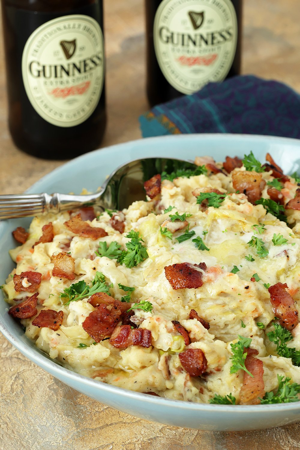 Irish Colcannon with Bacon in a Blue Bowl